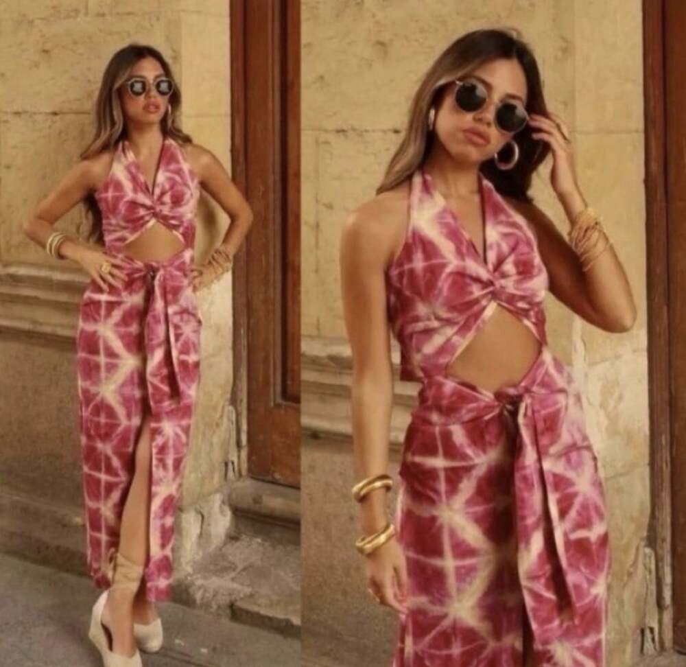 Zara Pink Tie Dye Cutout Halter Midi Dress Front Tie Size Small